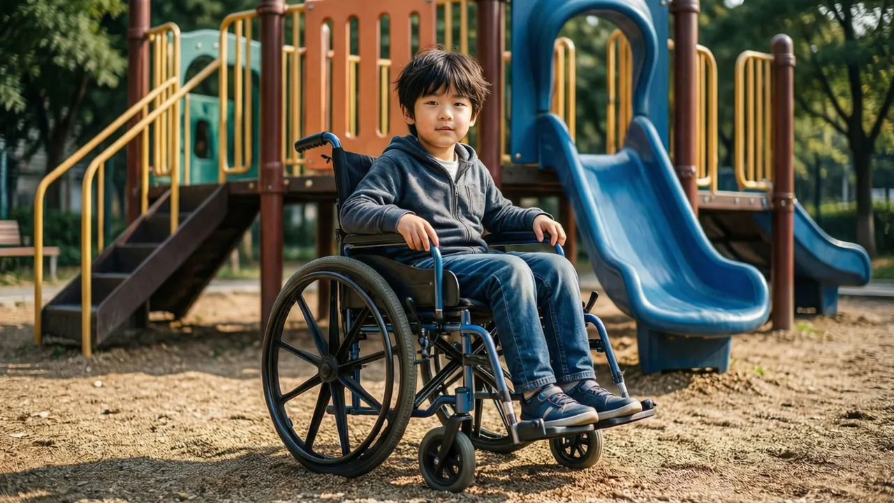 Playground inclusivo com piso emborrachado e brinquedo adaptado para criança com deficiência