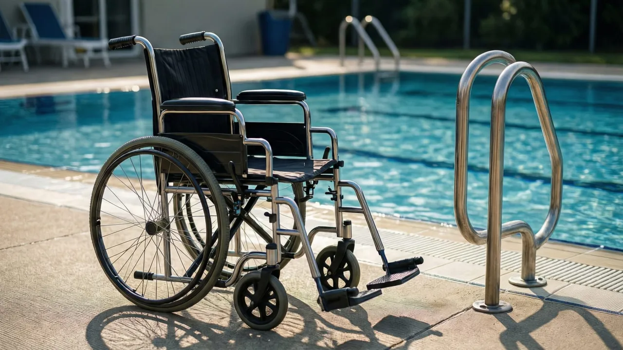 Piscina com elevador hidráulico de acessibilidade instalado na borda para transferência de cadeira de rodas