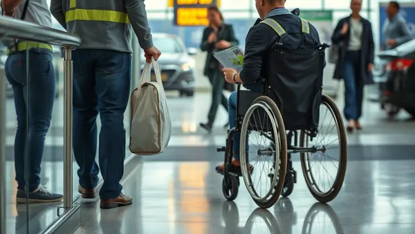 Pessoa com deficiência sendo auxiliada por acompanhante no embarque em aeroporto