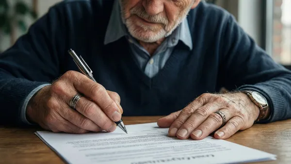 Pessoa idosa com deficiência analisando documento de contrato em mesa com calculadora
