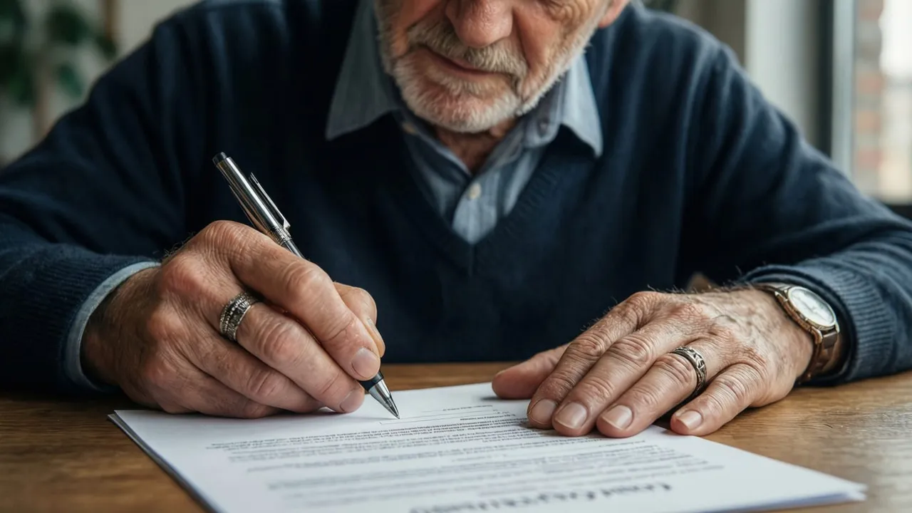 Pessoa idosa com deficiência analisando documento de contrato em mesa com calculadora
