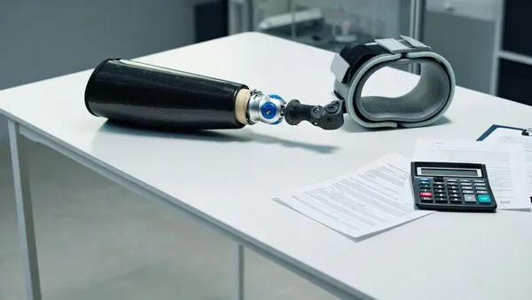 Prótese e órtese sobre uma mesa ao lado de documentos e calculadora
