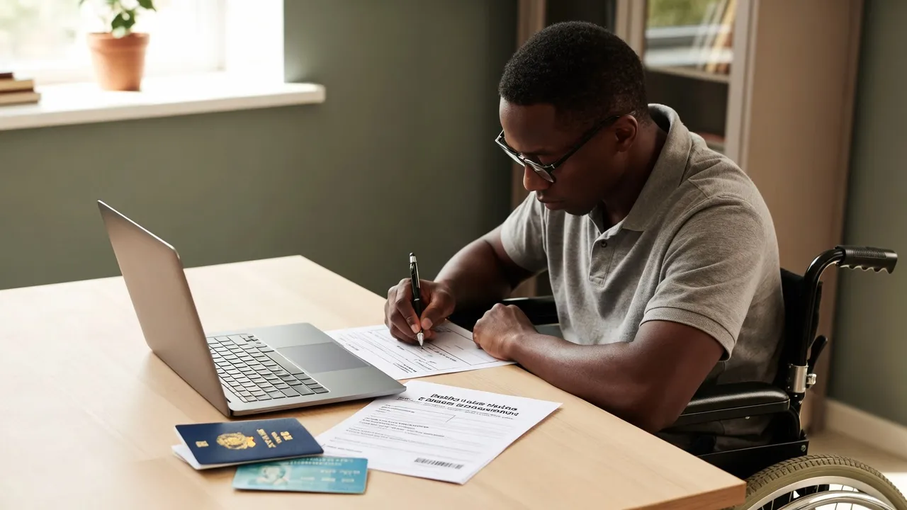 Pessoa em cadeira de rodas preenchendo inscrição de concurso público no notebook