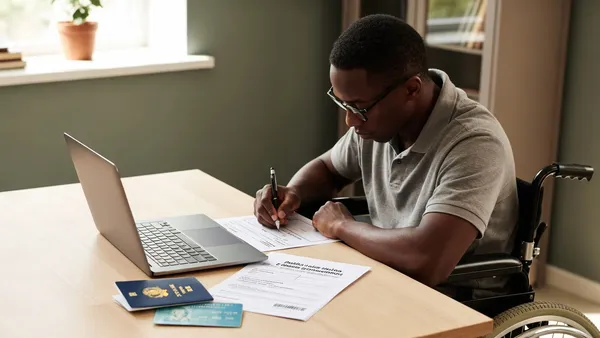 Pessoa em cadeira de rodas preenchendo inscrição de concurso público no notebook