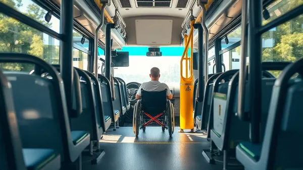Pessoa em cadeira de rodas embarcando em ônibus rodoviário acessível