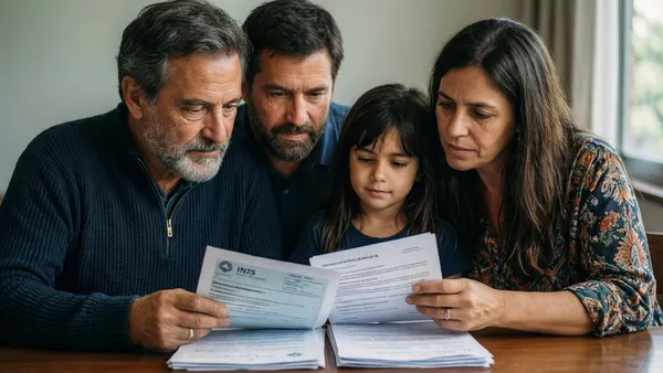 Família revisando documentos de pensão e requerimento do INSS sobre a mesa da sala