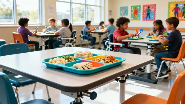 Bandeja de merenda escolar adaptada em mesa acessível de escola