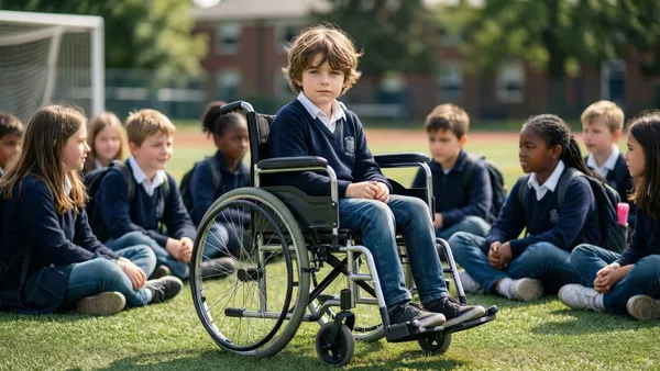 Criança em cadeira de rodas participando de passeio escolar ao ar livre com colegas de turma