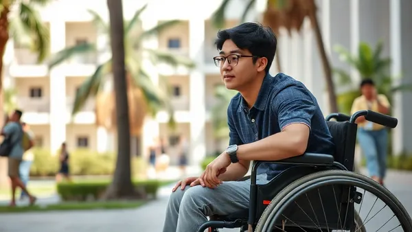 Estudante universitária usuária de cadeira de rodas estudando em um campus