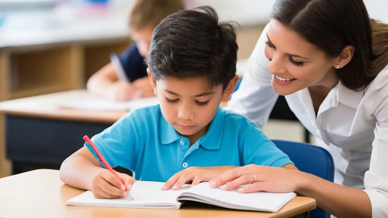 Criança estudando em carteira escolar com a professora ajudando no caderno
