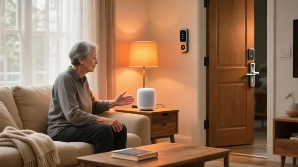 Pessoa com mobilidade reduzida usando assistente de voz para controlar a casa