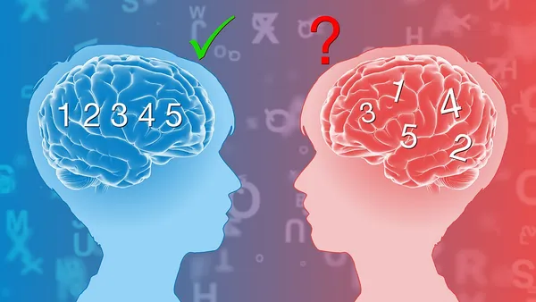 Ilustração de dois perfis de cabeça com cérebros e letras ao fundo, representando o processamento diferente da leitura na dislexia