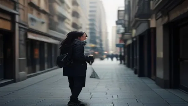 Pessoa com deficiencia visual usando o celular para navegar em uma rua da cidade