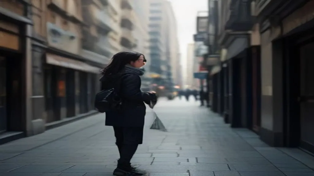 Pessoa com deficiencia visual usando o celular para navegar em uma rua da cidade