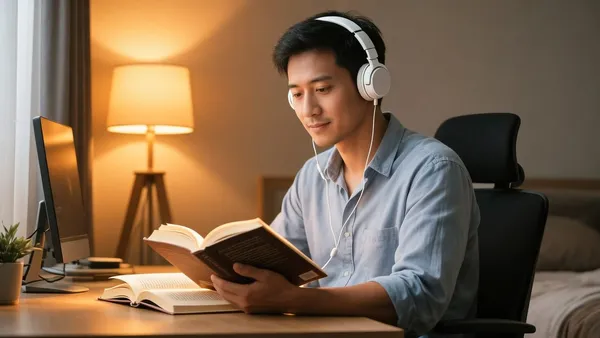 Pessoa de fones de ouvido ouvindo um audiolivro sentada à mesa, com luz quente
