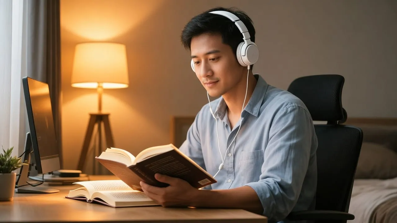 Pessoa de fones de ouvido ouvindo um audiolivro sentada à mesa, com luz quente