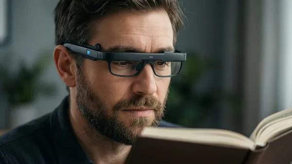 Ilustração de óculos inteligentes com câmera integrada, representando tecnologia assistiva para deficiência visual