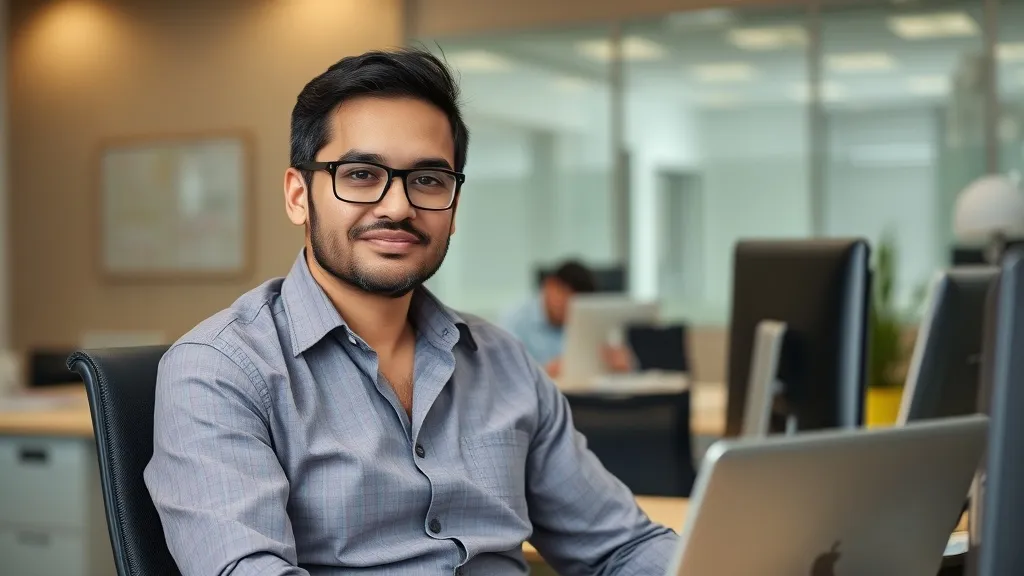 Profissional sorridente trabalhando em escritório, sentado à mesa com notebook e monitores