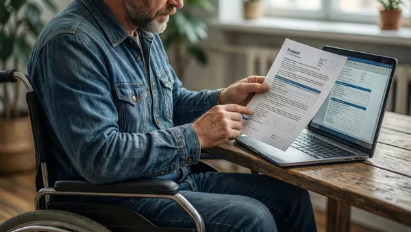 Pessoa com deficiência física analisando contrato de trabalho em um notebook
