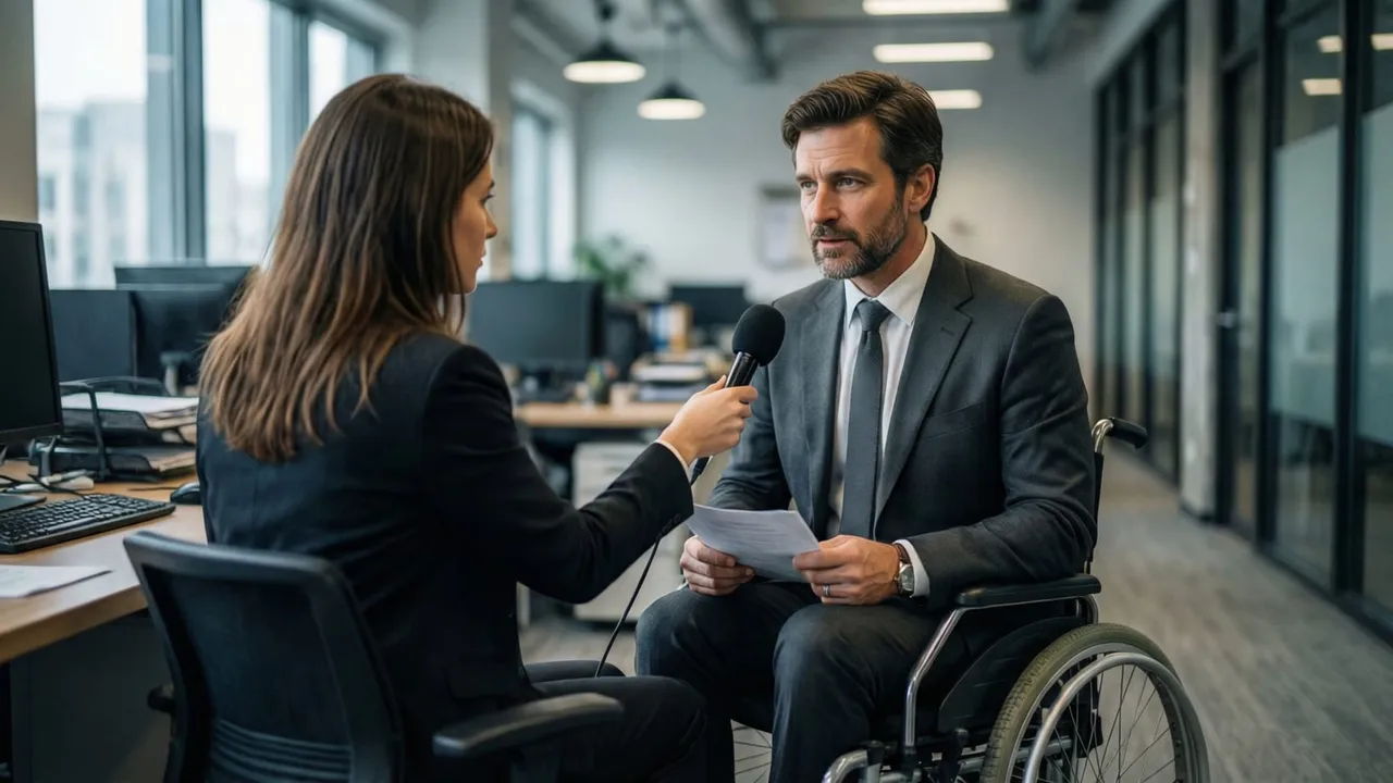 Candidata com deficiência em entrevista de emprego, sentada à mesa de um escritório com a recrutadora