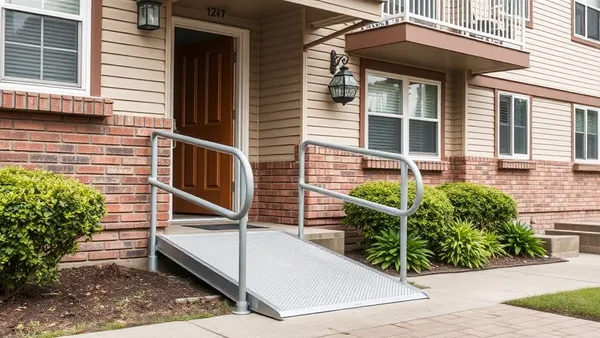 Rampa de acesso instalada na entrada de um apartamento alugado