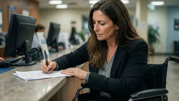 Pessoa com deficiência assinando documento em uma agência bancária