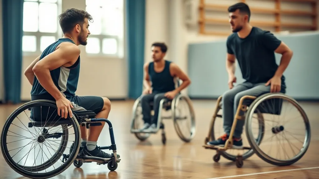 Atleta usuário de cadeira de rodas jogando basquete adaptado em uma quadra poliesportiva