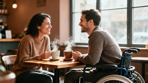 Casal conversando em um café, uma das pessoas é cadeirante